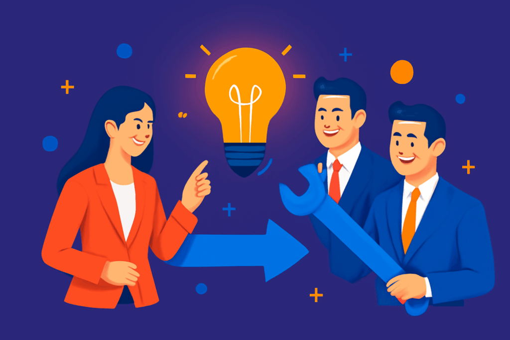 Equipo de profesionales de Brisha Corp colaborando en una idea innovadora con una bombilla brillante, representando soluciones rápidas y eficaces.